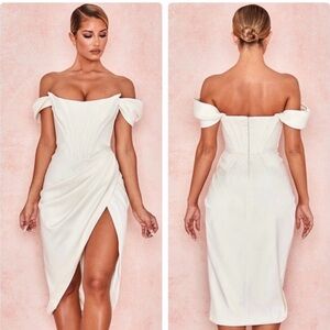 HOUSE OF CB Loretta Ivory Satin Off Shoulder Midi Dress